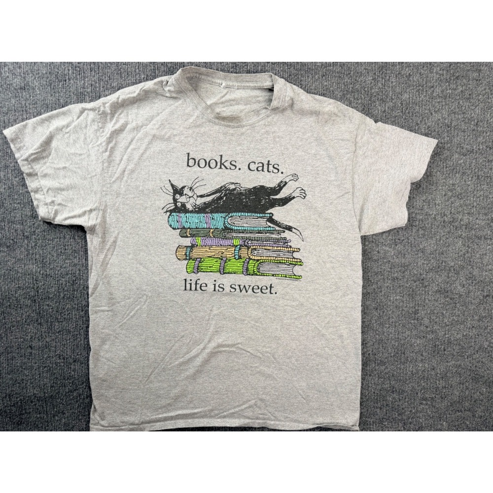 Vintage Edward Gorey Books Cats Life is Sweet Graphic Tee Gray XL Stained Y2K